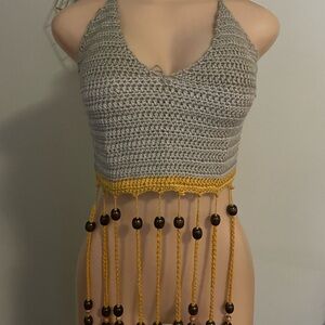 Light brown and Yellow Crochet Halter Top with Beaded Fringe